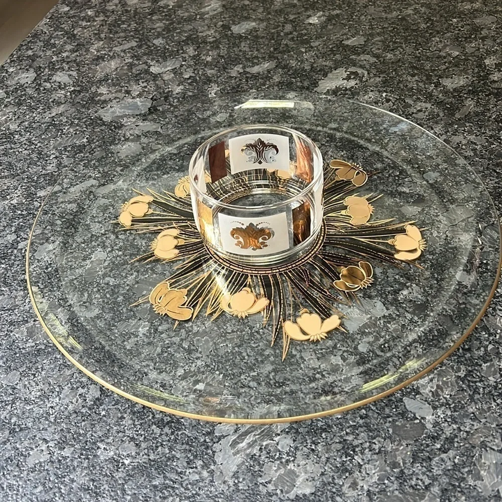 Culver Glass 22K Gold Black 14.5” Platter and Small 4” tall Coordinating Bowl
